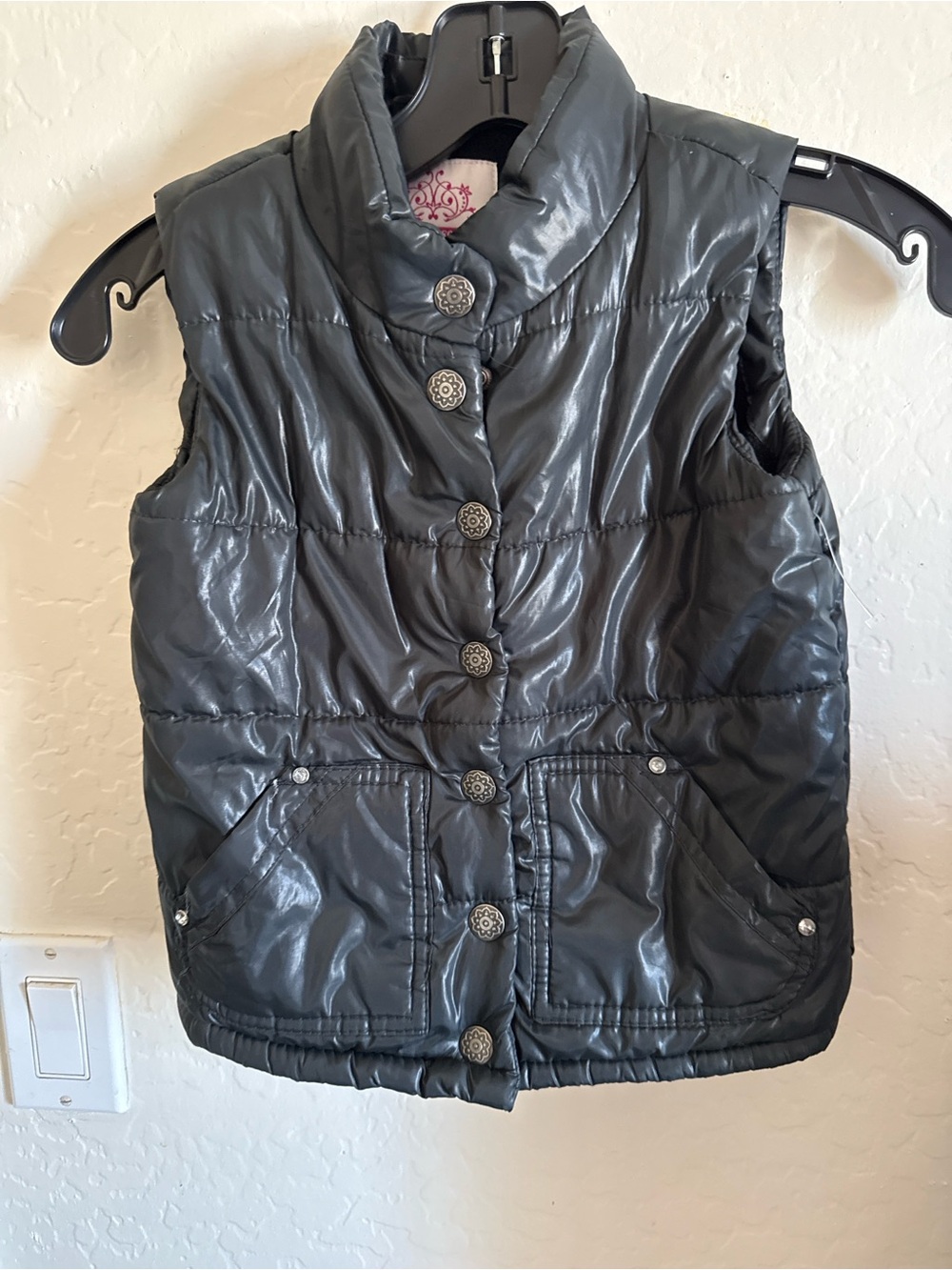 Place Shiny Black Quilted Puffer Vest with Decorative Buttons